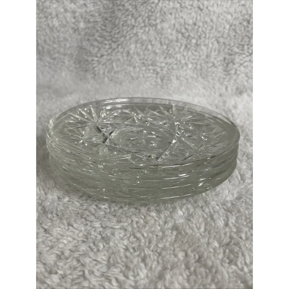 1960'S ANCHOR HOCKING GLASS PRESCUT CLEAR OATMEAL COASTER 4-1/2” Set Of 4